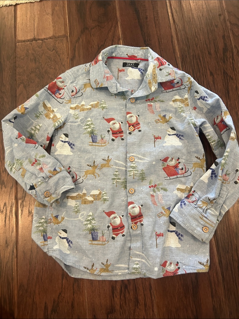 NEXT Light Blue Holiday Santa & Snowman Long Sleeve Button Up Print Shirt